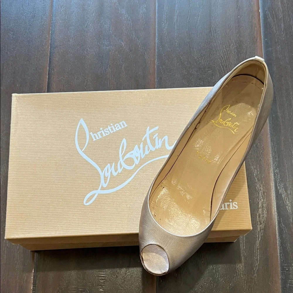 Christian Louboutin Light Gold Matatales 70 Peep Toe Wedges, size 38.5